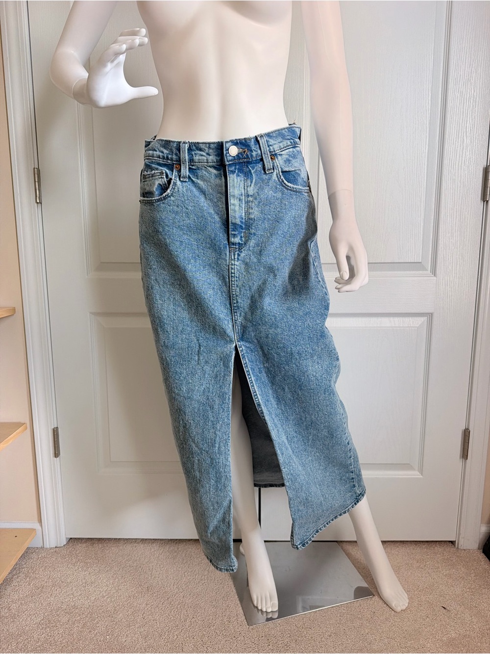 Classic High Rise Blue Denim Maxi Skirt with Front Slit Size 6